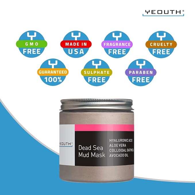 YEOUTH Dead Sea Mud Mask for Face with Hyaluronic Acid and Avocado Oil, Revitalizing Face Masks for Smoother Looking Skin 8oz