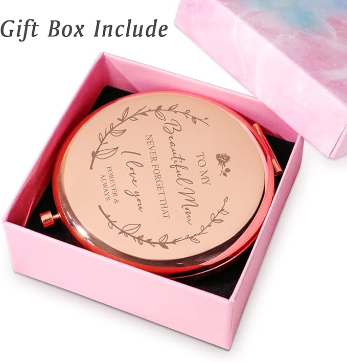 Mom Gifts from Daughter Son, Personalized Gift for Mother, Custom Compact Mirror, Goodie Bag & Basket Stuffers for Valentines Day, Mothers Day, Birthday, Wedding