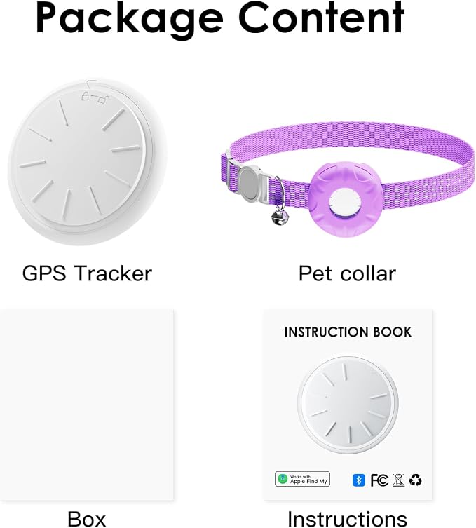 GPS Tracker for Cats (iOS Only), MINI GPS Cat Tracker, Real-Time Location Pet Tracker, No Monthly Fee GPS Tracker, Compatible with Apple Find My,Anti-Lost Finder Tag (Purple)
