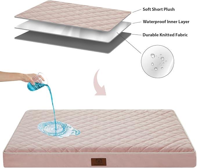 WNPETHOME Orthopedic Waterproof Large Sized Senior Dogs Bed for Comfy Sleep | Washable Ped Bed with Removable Cover, Multi-Needle Quilting Large Dogs Crate Bed for Dog Relax, Pink 36x27 Inch