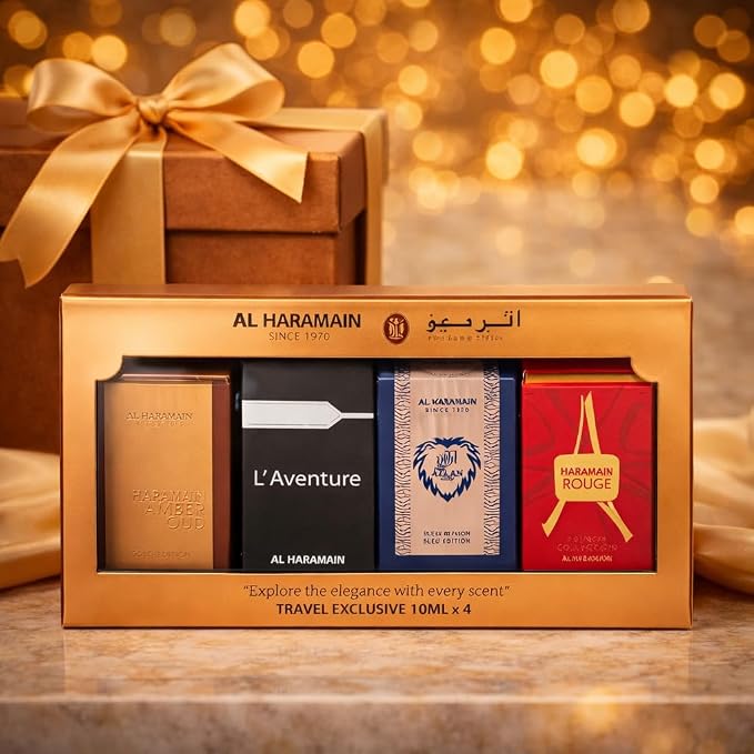 Al Haramain Fragrance Discovery Set for Men & Women – 4×10ml Each, (Amber Oud Gold Edition + L'aventure + Azlan Oud Amber Edition + Blanche)
