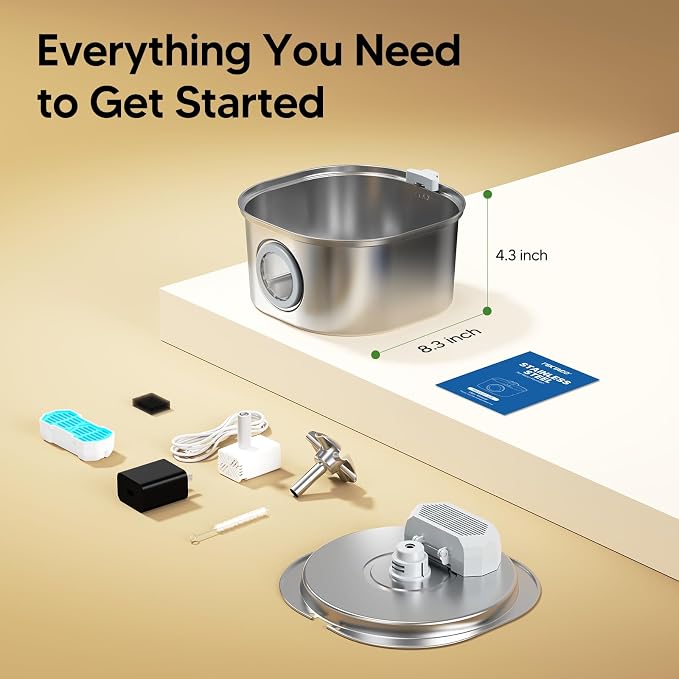 PEKTACO Cat Water Fountain, 3.2L Stainless Steel Pet Fountain, 3 Filters | 108oz capacity, LED water level window, ultra-quiet pump, dishwasher-safe tray, BPA-free, for cats and small dogs
