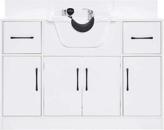 BarberPub Multi-Functional Shampoo Backwash Sink Station with Shampoo Bowl for Hair Stylist, Salon Spa Beauty Cabinet with Faucet Sprayer, Barber Storage Equipment 7139 (White)
