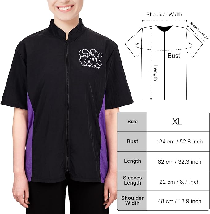 Short Sleeve Pet Grooming Jacket for Groomers, XL Size, Full Zipper | Anti-Static & Splash Proof Pet Beautician Uniforms, Hair Repellent Smock & Trousers for Professional Dog Cat Grooming Salon