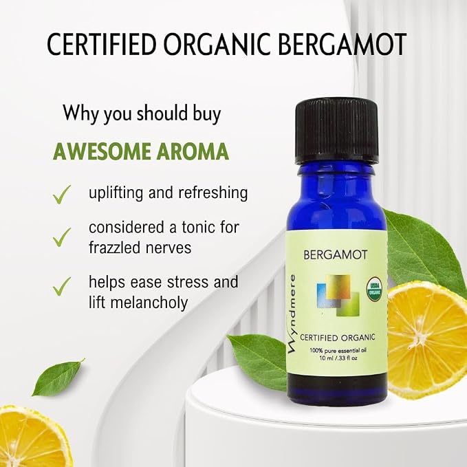 Bergamot Essential Oil - Certified Organic - Uplifting & Cheerful Citrusy Floral Scent - 100% Pure Therapeutic Quality for Aromatherapy - 10ml