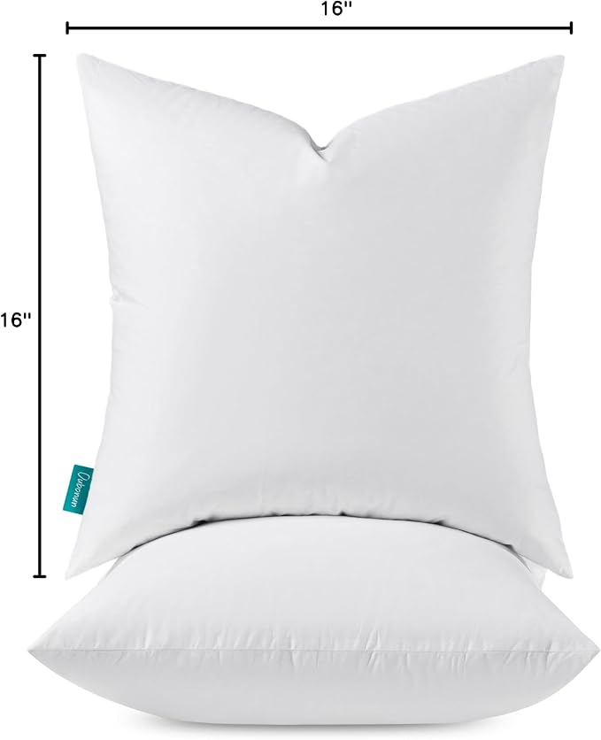 Oubonun 16x16 Feather Down Throw Pillow Inserts, 100% Cotton Cover, Medium Firm Decorative Pillow Inserts for Couch, Sofa, Bed, Chair (Set of 2)