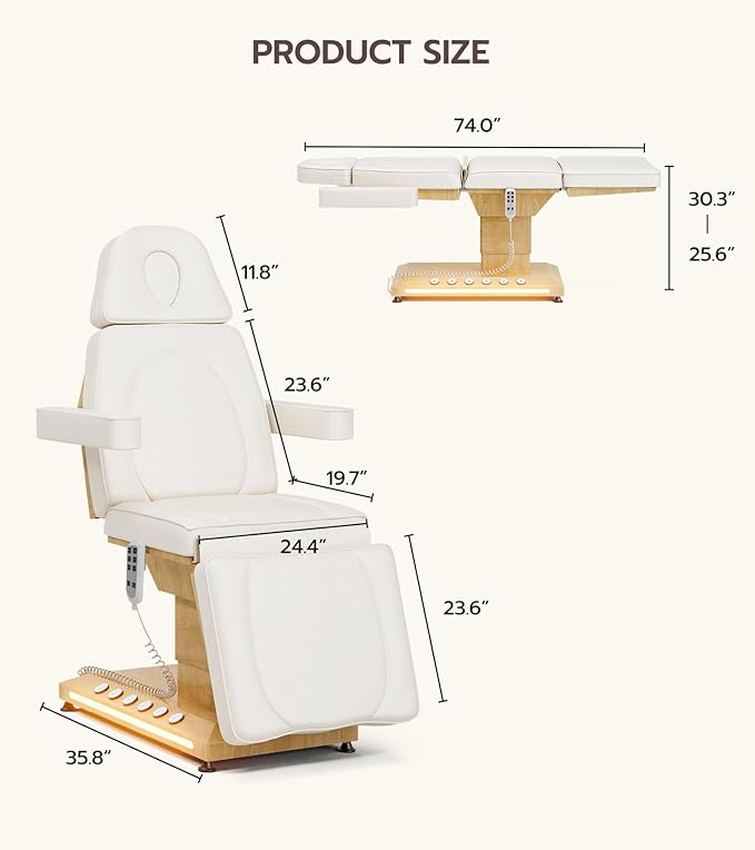 Icoget Professional Esthetician Bed with LED Light, Fully Electric Massage Table 3 Motor, Motorized Adjustable Spa Chair Facial Bed for Beauty Salon, Medical, Off-White