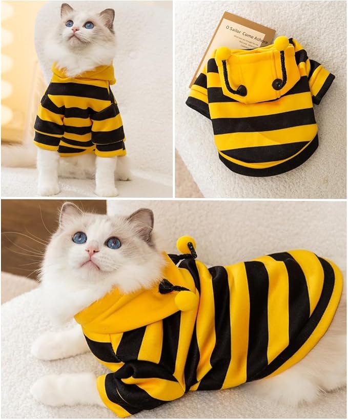 Selena Cat Bee Antennae Costume Hoodies Cute Bee Stripes Dog Kitten Puppy Pet Apparel (Small,Yellow&Black)