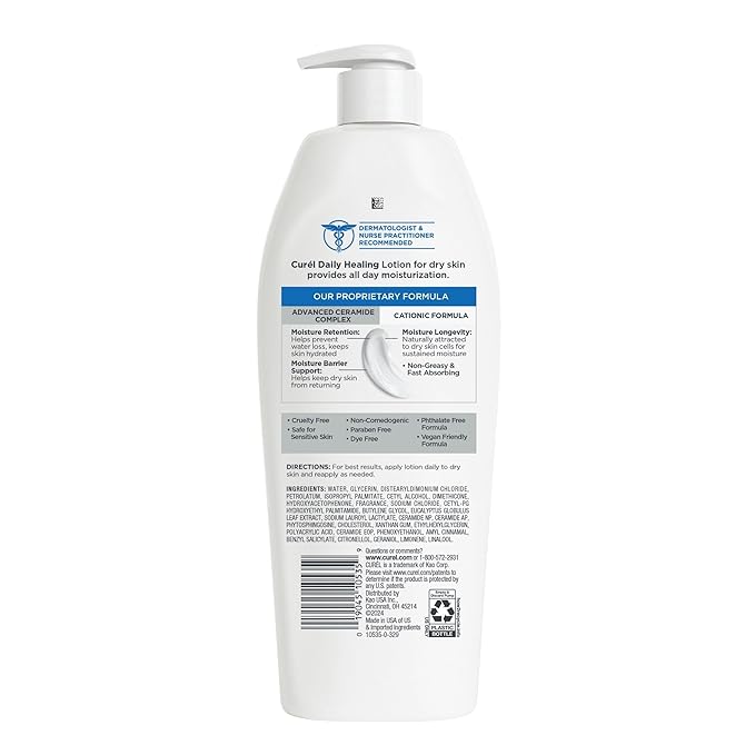 Curel Daily Healing Body Lotion for Dry Skin, Hydrating Body Lotion with Advanced Ceramides Complex, Dermatologist Recommended, 13 Oz, Pack of 3