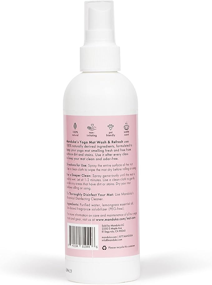Manduka Yoga Natural Mat Wash and Refresh - 100% Natural, Essential Oils, Non Irritating, Pet Friendly, Fresh Scent, Lemongrass, 8oz (227ml)