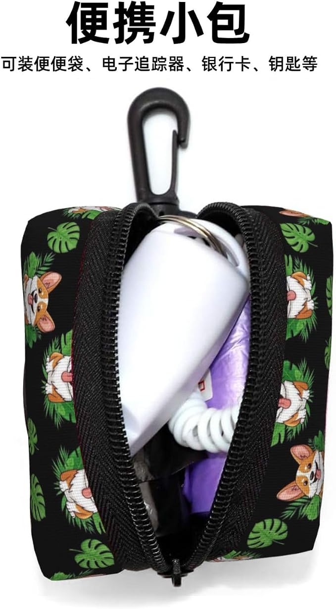 Cute Corgi Dog Tropical Leaves Peony Flowers Dog Poop Bag Holder for Walking, Hiking, Running And Traveling