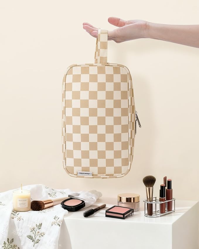 Narwey Checkered Travel Toiletry Bag for Women Traveling Dopp Kit Travel Bag for Toiletries Cosmetic Bag Makeup Bag Medicine Bag for Traveling (Light Brown Checkerboard)