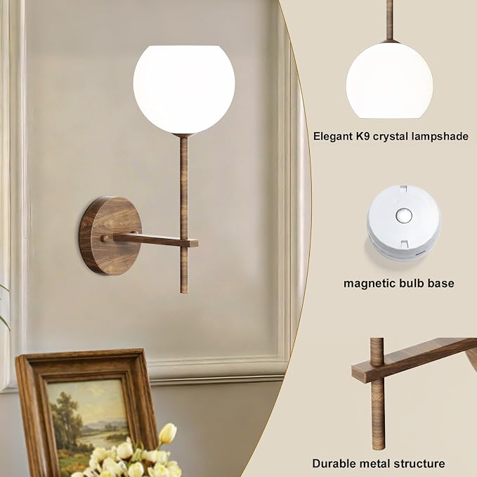 Walnut Grain Battery Operated Wall Sconces Set of 2, Rechargeable Wireless Wall Lights with Milky White Frosted Glass, 12 RGB and 3CCT Dimmable, Wall Lamps with Remote for Bedroom Living Room Hallway