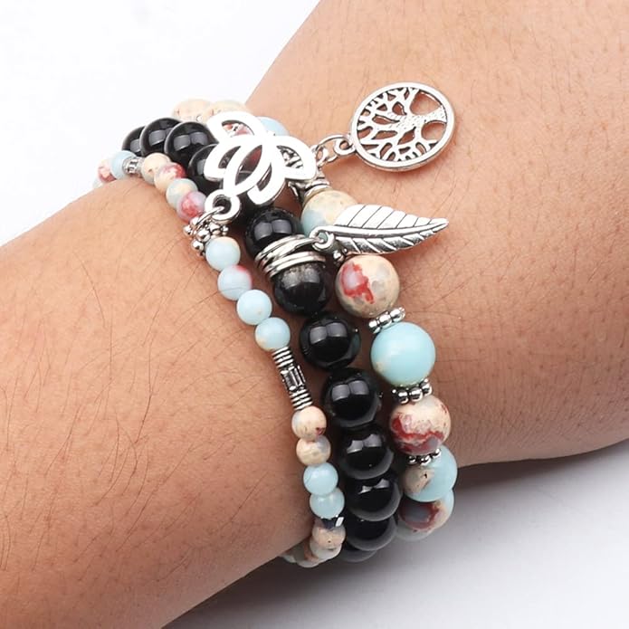 UEUC Tree of Life Yoga Healing Stone Bracelets,Multilayer Lotus Chakra Stone Reiki Bracelet Sets,Anxiety Crystal Natural Stone,for Women Stress Relief