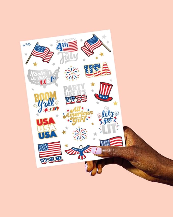 xo, Fetti Fourth of July Decorations Temporary Tattoos - 30 styles | America, Red White and Blue Party Supplies, 4th of July, USA,Memorial Day, Independence Day, Labor Day