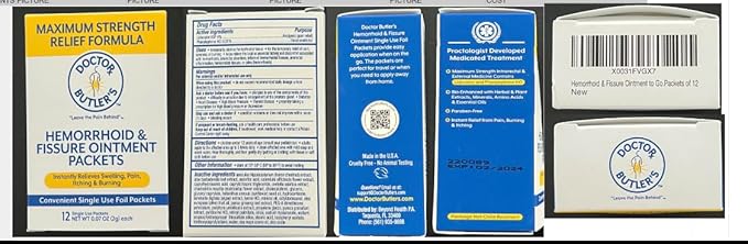 Doctor Butler's Maximum Strength Hemorrhoid & Fissure Ointment 12 to-Go Packets - Instant Pain Relief Hemorrhoid Treatment with Lidocaine, Internal & External Itching, Burning and Swelling Relief