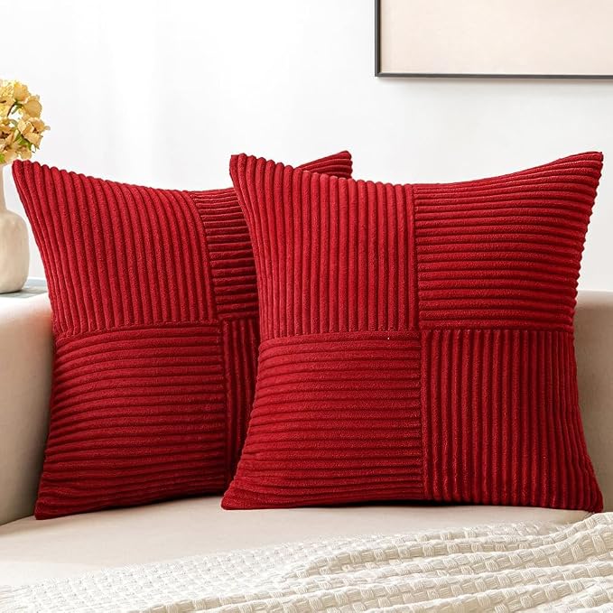MIULEE Christmas Red Decorative Throw Pillow Covers for Couch 18x18 Inch | 2 Pack, Boho Farmhouse Pillow Covers, Soft Cross Corduroy Patchwork Textured Cushion Cases For Bed Sofa