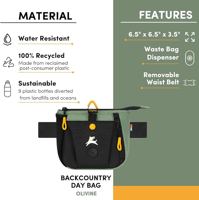 OllyDog Backcountry Day Bag | Dog Training Treat Pouch | Eco-Friendly Recycled Fabric Fanny Pack with Zipper Closure, Built-in Poop Bag Dispenser & Adjustable Waist Belt (Olivine)