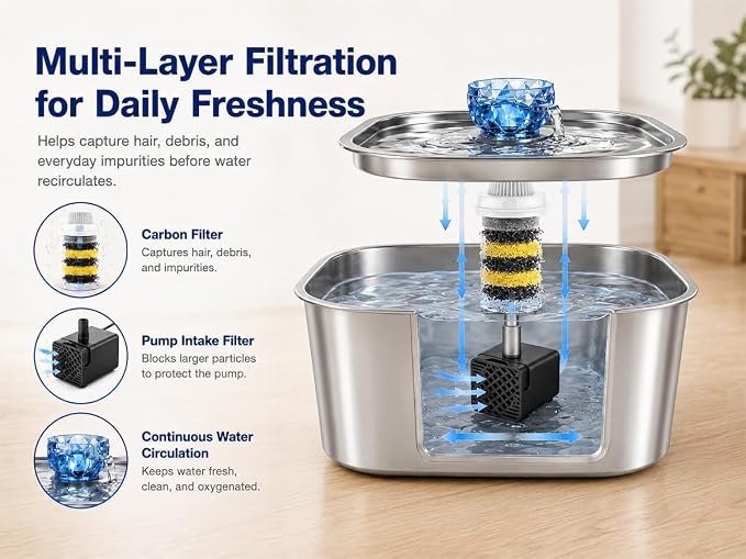 PETNF 2.1-Gallon Stainless Steel Dog Water Fountain for Large Dogs, Dog Water Bowl Dispenser with 2 Filters, Visible Water Window, Quiet Pump & LED Low-Water Indicator