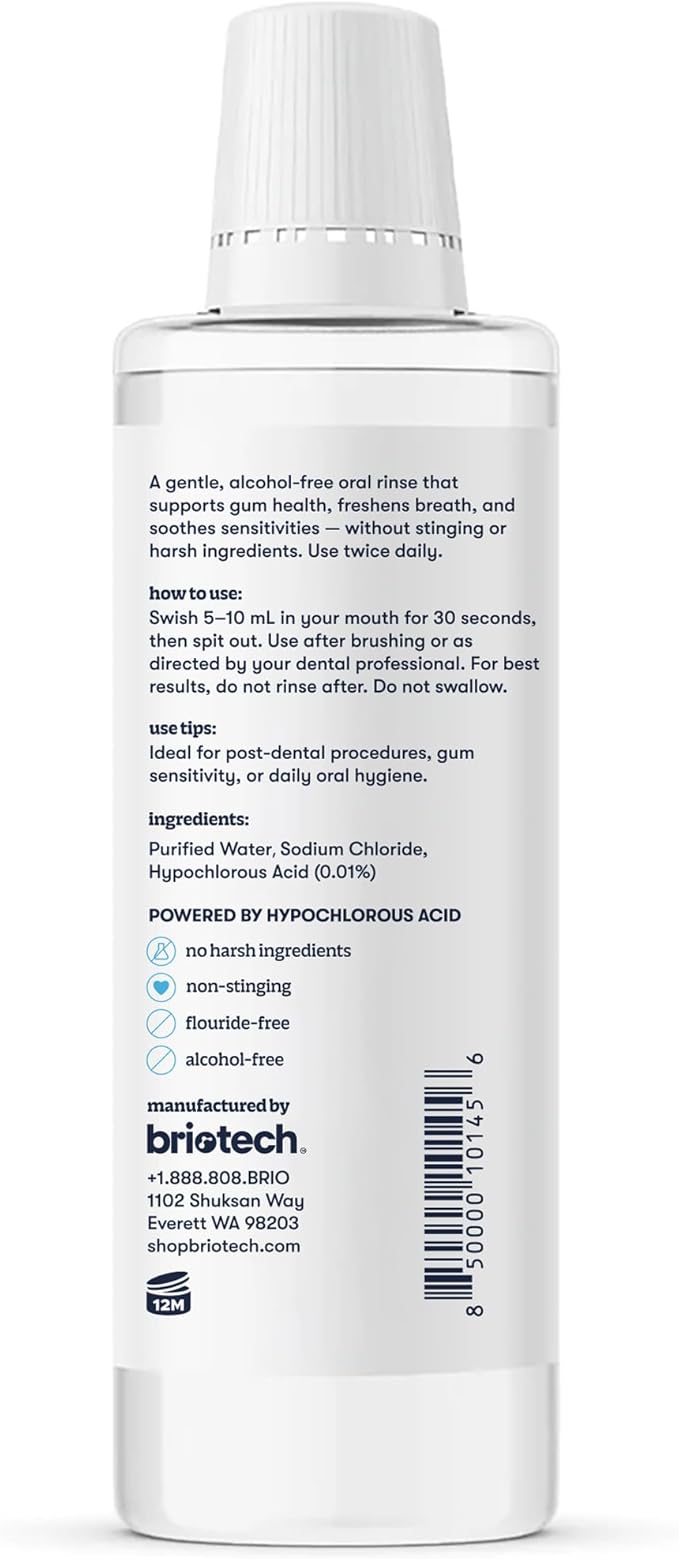 BRIOTECH Oral Swish, Hypochlorous Acid Mouthwash Rinse, Gentle Oral Care Hygiene, Fight Bad Breath, Support Against Plaque, Gum Irritation & Tender Gums, Alcohol & Fluoride Free, 17 fl oz (4 Pack)