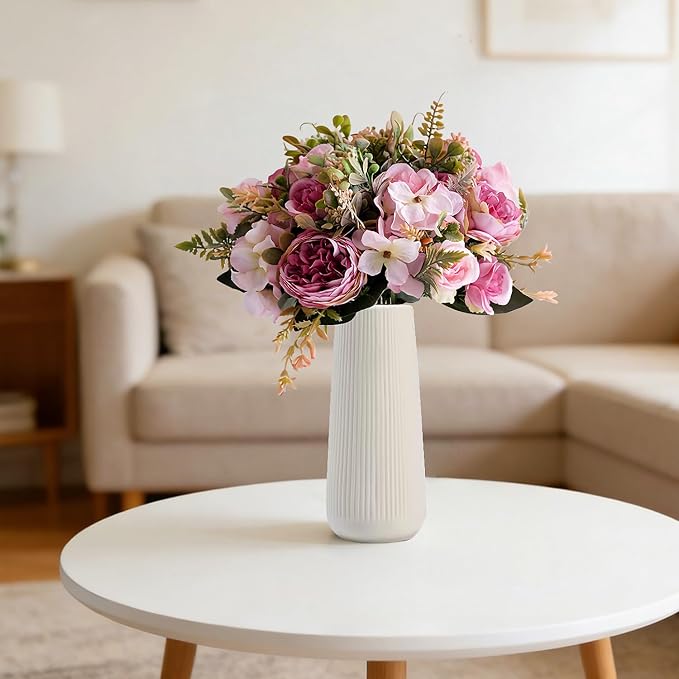 Ceramic Vase for Flower, Pampas Grass Vase, 7.8''H Ribbed Decor Vase, White | Nordic Minimalist Flower Vase, White Modern Home Office Decor Vases, For Living Room, Dining Table, Bedroom, Kitchen Shelf