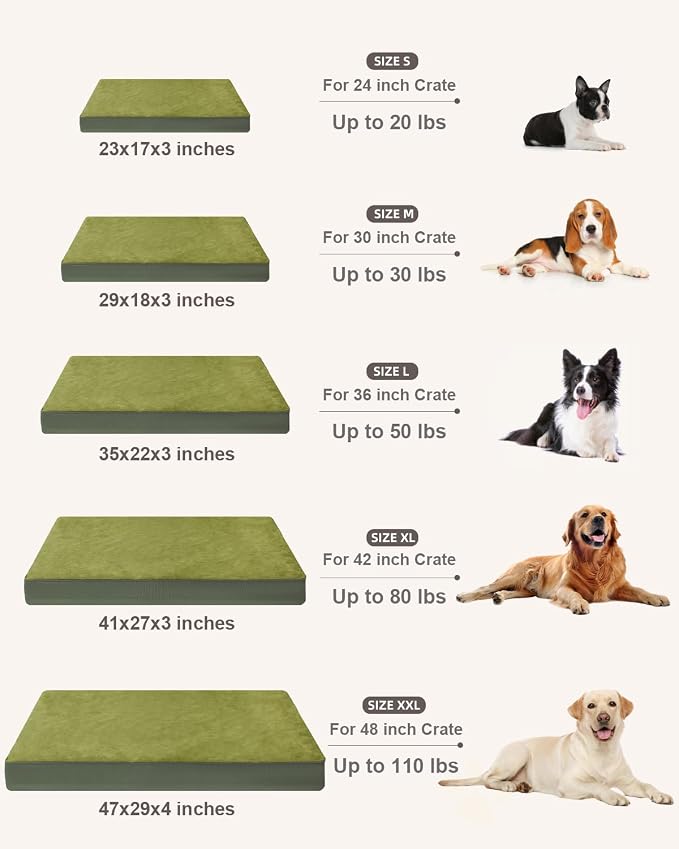 KSIIA Orthopedic Dog Bed for Medium Dogs with Waterproof Lining,Green,29x18 | Deluxe Soft Plush Dog Crate Bed, Washable Pet Mat with Removable Cover & Egg Crate Foam for Medium Dogs Sleeping & Relaxing