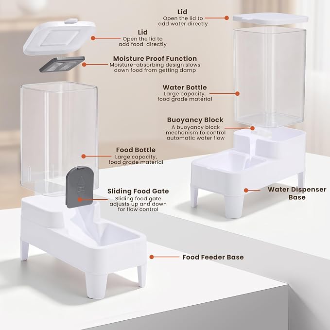 Automatic Cat Feeder and Water Dispenser Set, Top Fill Water&Food Gravity Feeder with Bowl,Easy to Hand-Washable,Elevated Base Design,Suitable for Small&Medium Cat and Dog(4L,White)