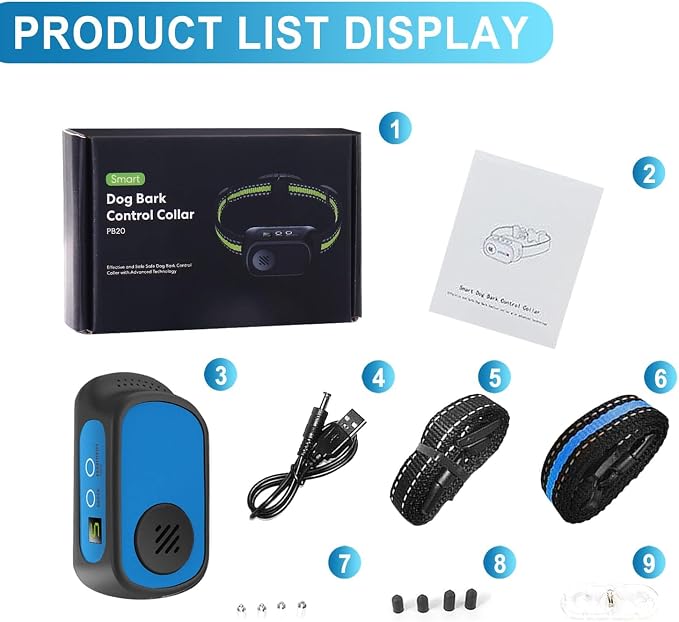 Dog Bark Collar for Large Medium Small Dogs, Rechargeable Smart Bark Collar, Anti Barking, Humane Dog Training Device with 5 Adjustable Sensitivity Beep Vibration (Blue)