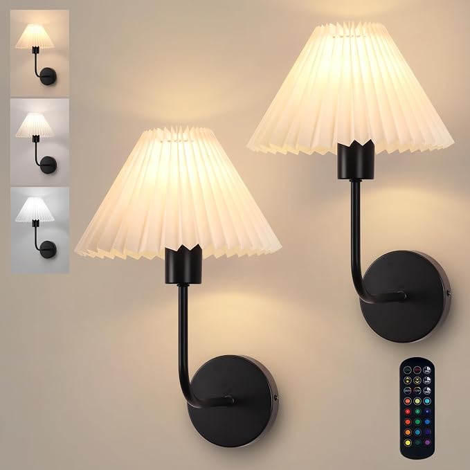 Rechargeable Battery Operated Wall Sconces Sets of 2, 15 Colors Wireless Wall Sconce, Black Wall Lights Fixture with Dimmable Bulbs and Remote, Not Hardwired Wall Mounted Lamps for Bedroom Living Room
