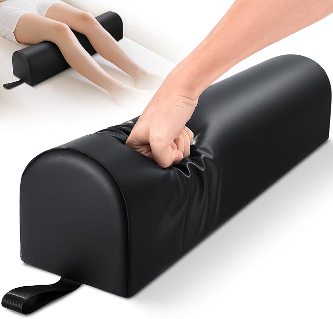 Noverlife 3/4 Round Massage Table Bolster Pillow with Strap Handle, 26 x 6 x 6 in PU Leather Massage Bolster for Under Legs, Cozy Positioning Support Pad for Knee Neck Back Pain Relief - Black