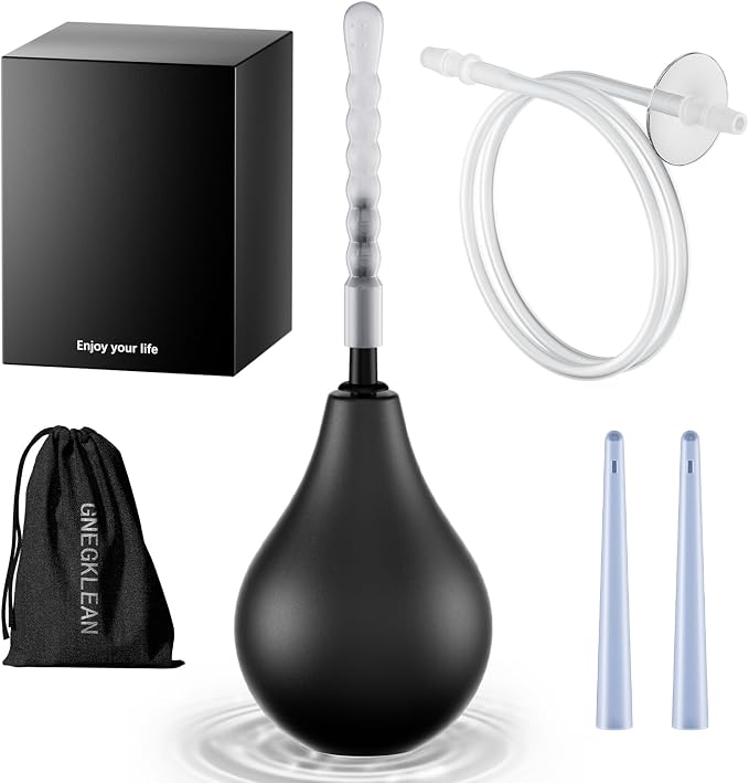 GNEGKLEAN Black Silicone Enema Bulb Kit 7.6oz Clean Anal Douche for Men Women with 19.7in Hose+4 Replaceable Nozzle (Black)