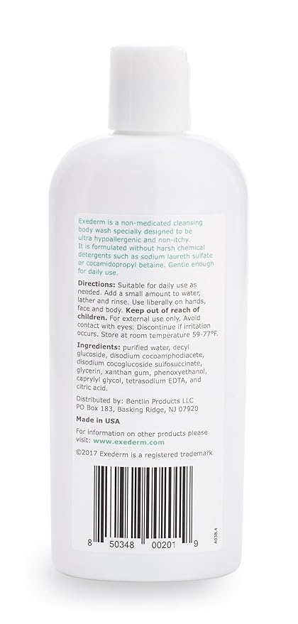 Exederm Body Wash for Eczema & Dermatitis, 8 Fl Oz, Ultra Sensitive Non-Irritating Bodywash, Gentle, Moisturizing Anti-Itch Cleanser for Red, Itchy, Dry Skin, Hypoallergenic, Sulfate & Paraben Free