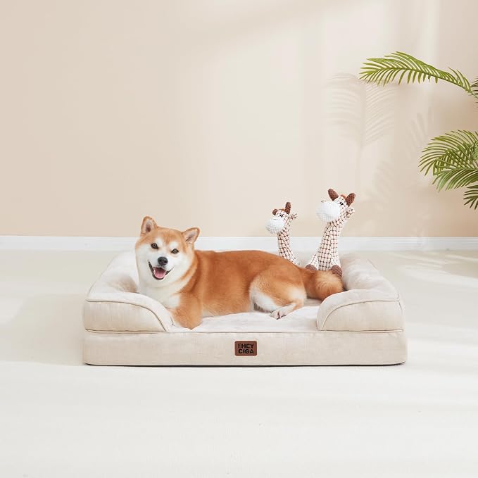 EHEYCIGA Orthopedic Small Dog Bed, Waterproof Memory Foam Washable Pet Beds | Non-Slip Bottom and Egg-Crate Foam Medium Pet Couch Bed with Washable Removable Cover, Beige