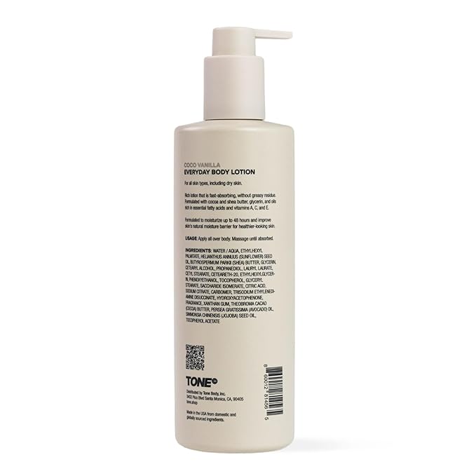 TONE Everyday Body Lotion for Men & Women, Coco Vanilla, Fast Absorbing & Hydrating Body Lotion for All Skin Types Made with Shea Butter and Vitamin E for Soft Skin, Paraben-Free, 12.2 oz