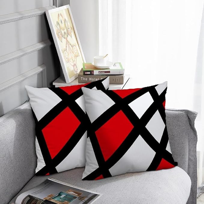 Modern Art Geometric Pillow Cover, Decorative Throw Pillow Covers Red Black Abstract Artwork Cushion Cover for Bedroom Sofa Living Room 26 x 26 Inch Set of 2