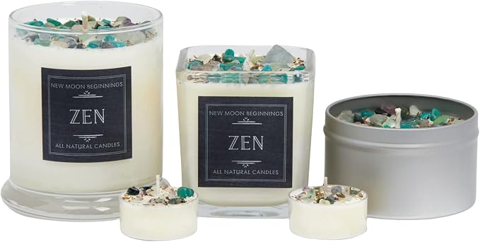 Zen Crystal Candle by NEW MOON BEGINNINGS - All Natural Aromatherapy Candle - 100% Soy Candle - Citrus, Cedarwood, Patchouli - Amazonite, Fluorite, Moss Agate - Meditation Candle - 8 oz. Tin with lid