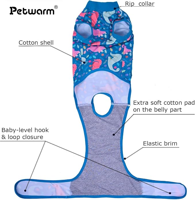 PetWarm Surgical Suit for Dogs, Dog Coat's Inner Clothes, Substitute E-Collar and Cone Prevent Licking Recovery Suit, Female Male Dog Onesie for Spay Neuter, Dinosaur Pattern, Multi-Colored, XS