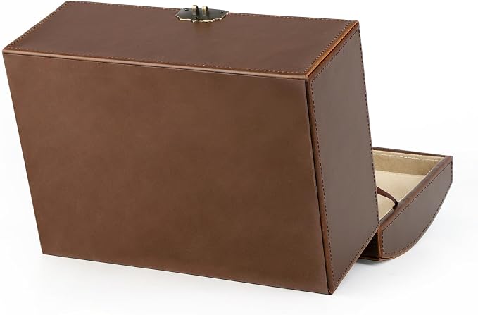 HofferRuffer Faux Leather Decorative Box, Large Wooden Structure Keepsake Box Accessory Organizer Jewelry Organizer with Hinged Lid, Storage Container for Home or Office (Antique Brown)