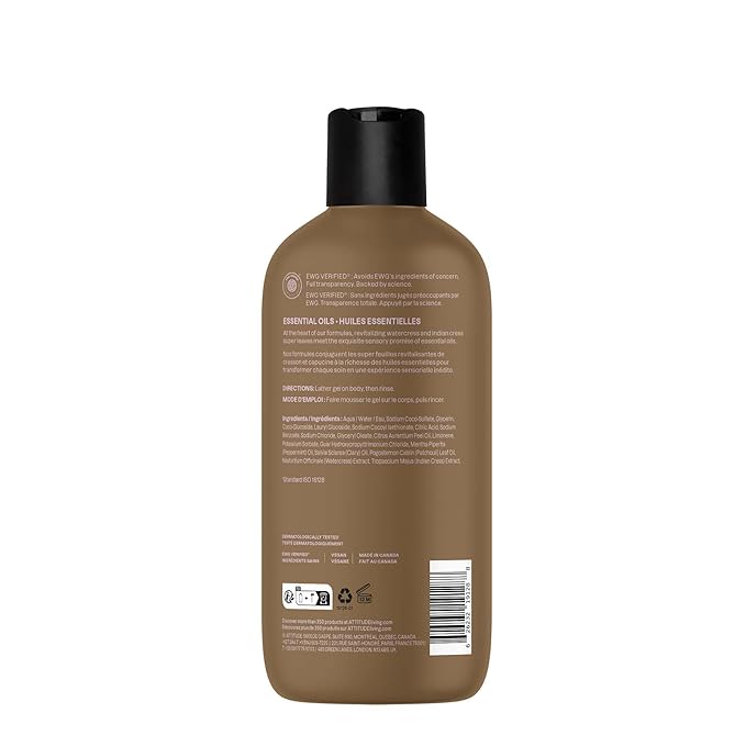 ATTITUDE Body Wash with Essential Oils, Moisturizing Shower Gel, Gentle Daily Cleanser, EWG Verified, Vegan Clean Beauty Skin Care, Peppermint & Sweet Orange, 15 Fl Oz