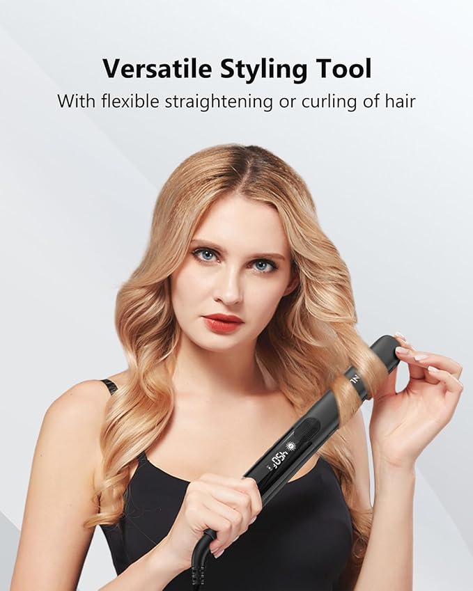 Annlary Hair Straightener 1 Inch Flat Iron and Curler 2 in 1 Titanium Ceramic Ionic Dual Voltage Straightener with Heat-Resistant Silicone, for Less Frizz, Shinier & Smoother