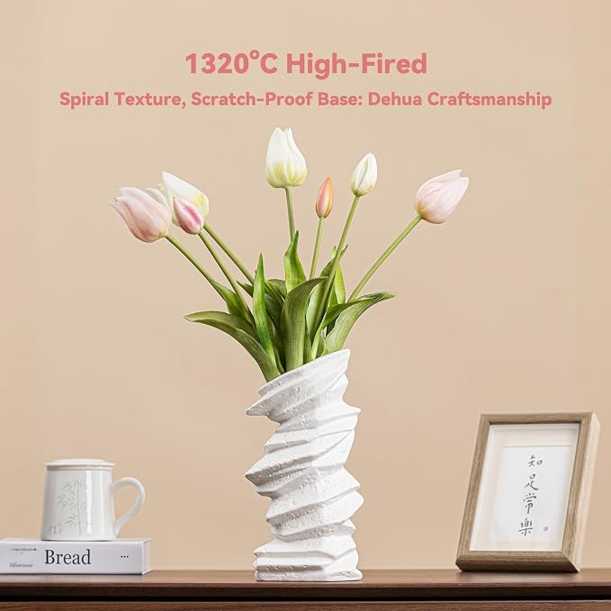 Stone-Stack White Ceramic Vase - 10" Unique Flower Vase for Pampas Grass, Farmhouse Decorative Vase for Living Room/Office, Boho Vase Ideal for Home Gifts & Centerpieces