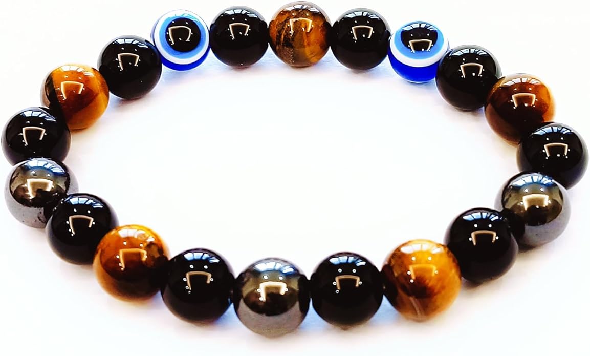 Evil Eye with Hematite Black Obsidian Tiger Eye Stone Triple Protection Bracelets for Men Women, Crystal Healing Stone Bracelet Bring Luck Prosperity and Happiness Jewelry