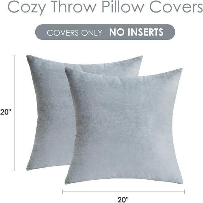 Throw Pillow Covers Grey Decorative Velvet Set of 2 20x20 Inch Pillow Covers, Soft Neutral Gray Pillowcases for Couch Sofa Bed Living Room, Farmhouse Boho Decor, Square Accent Cushion Covers