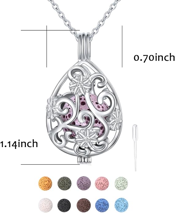 DAOCHONG S925 Sterling Silver Aromatherapy Essential Oil Diffuser Necklace Love Heart Locket Perfume Pendant Necklace Jewelry 18+2" Adjustable Chain