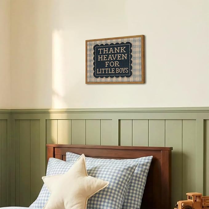 Framed Thank Heaven for Little Boys Wall Art, Baby Boy Nursery Wall Decor, Vintage Blue Gingham Inspirational Quote Paintings Canvas Prints Pictures for Toddler Kids Bedroom 12x16 inch