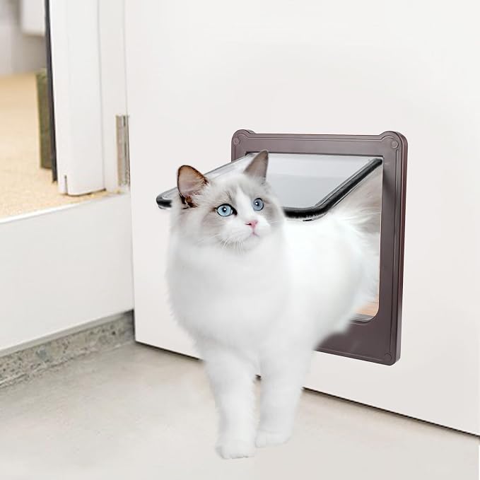 NAMSAN Cat Door Interior Door, Brown, Flap Opening 7.1" x 7.3", 4 Way Locking Cat Door for Exterior Door, Weatherproof Pet Door for Cats Small Dogs, Cat Flap Doors for Wooden/Metal Door, Window