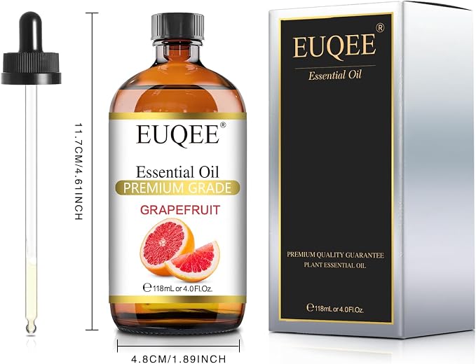 EUQEE Grapefruit Essential Oil 118mL Pure Grapefruit Oil, Large Capacity Essential Oil with Glass Dropper for Diffuser, Aromatheraphy, DIY Soap (4fl.oz)