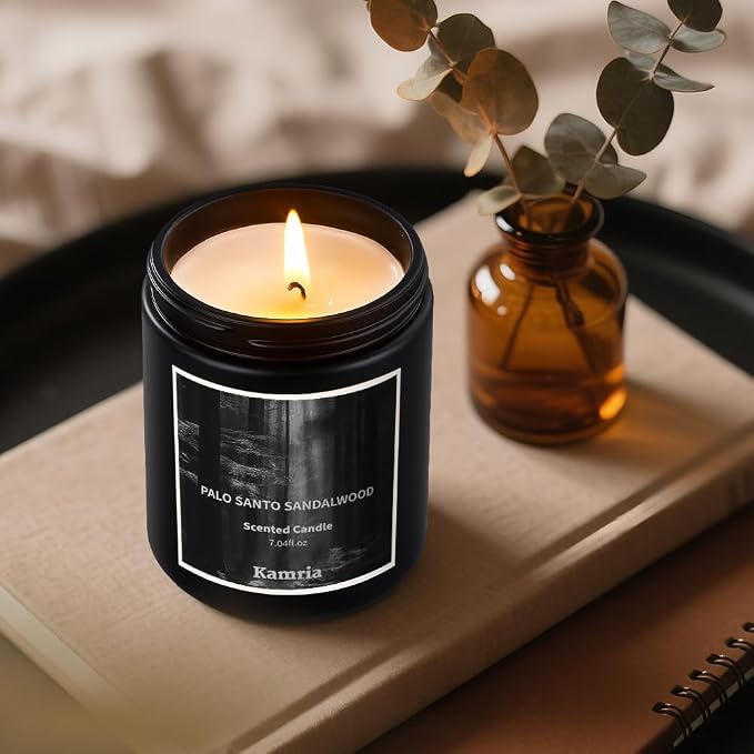 Palo Santo Sandalwood Scented Candle, Grounding Woody Aromatherapy for Meditation & Cleansing, Premium Matte Black Soy Wax Jar, Earthy Decor Gift for Men and Women, 7oz