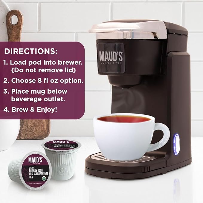 Maud's Organic English Breakfast Black Tea Pods, 24 ct, Single Serve Pods – 100% Gourmet Blended Tea Leaves, Compatible with Keurig K Cups Maker