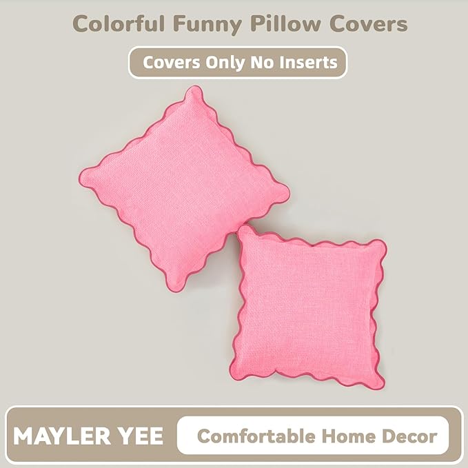 Scalloped Throw Pillow Covers | Decorative Couch Pillows | Boho Sytle for Living Room | for Valentines Day (Pink, 20x20 Inch)